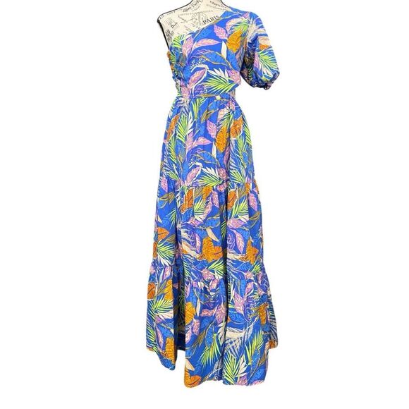 Flying Tomato Blue and Yellow Leaf Print One Shoulder Maxi Dress in Size Medium - Picture 3 of 9